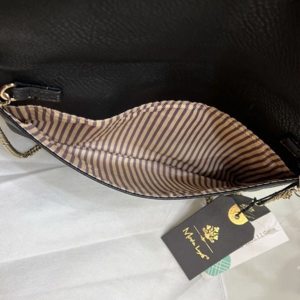 Moda Luxe Women's Leather Gold Chain Link Strap Clutch Crossbody Bag Black NWT - Picture 6 of 9